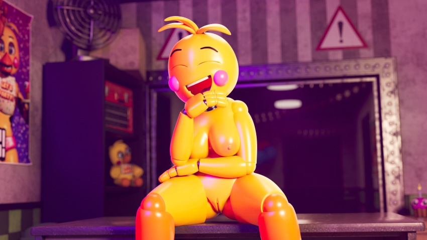 16:9 2021 4k absurd_res anthro ashleyorange avian bird chicken cutietree feathers female five_nights_at_freddy's five_nights_at_freddy's_2 galliform gallus_(genus) hi_res humanoid laugh machine phasianid robot solo solo_focus toy_chica_(fnaf) video_games widescreen yellow_body yellow_feathers