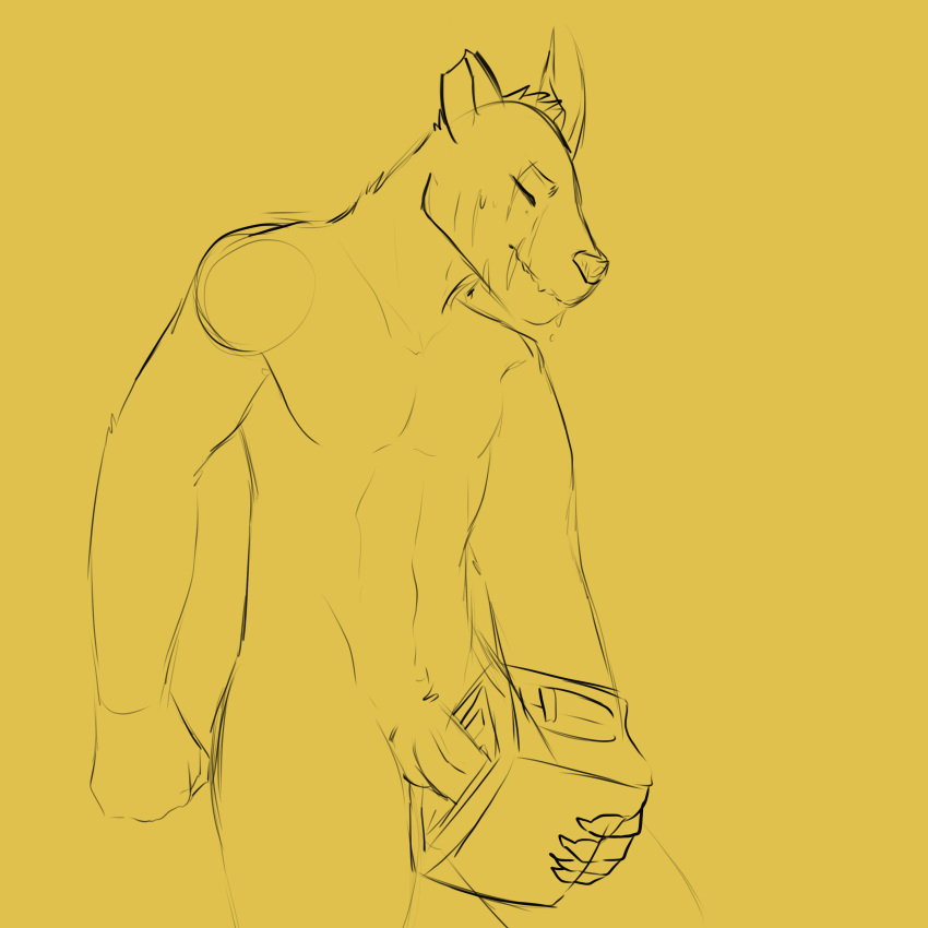 1:1 absurd_res anthro appliance balls bodily_fluids bull_terrier canid canine canis claws domestic_dog fortune_(unfortunatemutt) genitals help hi_res hiyakomori hunting_dog kitchen_appliance looking_pleasured male mammal meme monochrome penetration penis simple_background sketch sweat terrier toaster yellow_and_black yellow_background