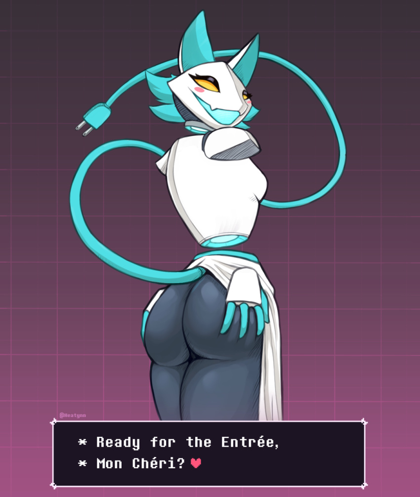 2021 android anthro black_body black_butt blue_body blue_fur blush blush_stickers butt deltarune digital_media_(artwork) domestic_cat empty_eyes english_text felid feline felis female floating_hands floating_head floating_torso fur hand_on_butt hi_res looking_at_viewer machine mammal open_mouth pattern_background robot simple_background solo tasque_manager tenynn text undertale_(series) video_games white_body yellow_eyes
