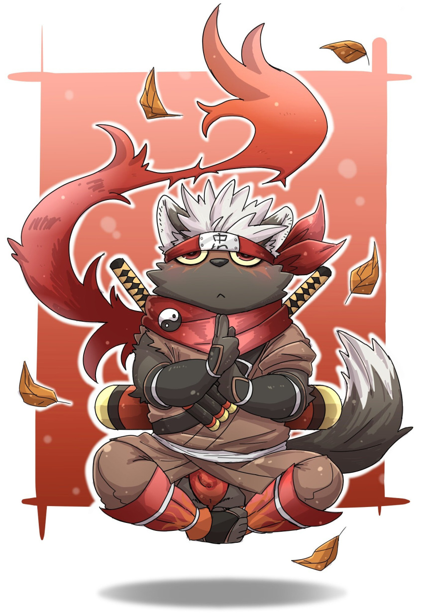 accessory asian_clothing bulge canid canine chaps clothing east_asian_clothing fundoshi headband hi_res japanese_clothing koginoro_28 lifewonders male mammal melee_weapon scarf solo sword tadatomo tokyo_afterschool_summoners underwear video_games weapon