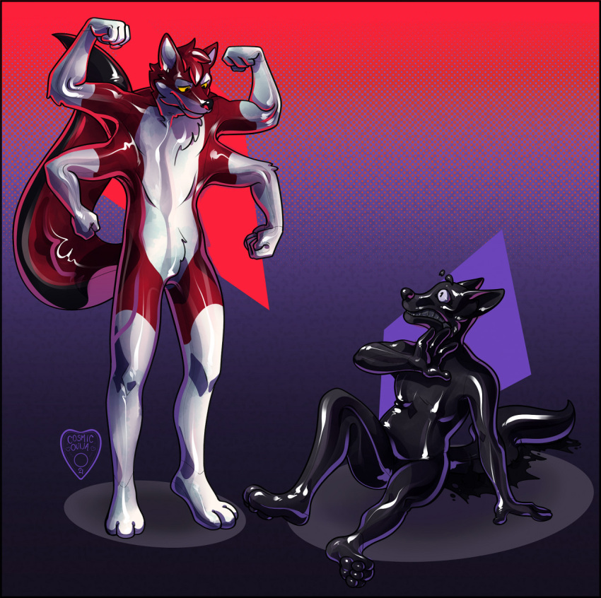 animate_inanimate anthro canid canine canis deegecamaro duo featureless_crotch fox hi_res living_rubber male male/male mammal multi_arm multi_limb nude plantigrade rubber sitting standing wolf zipper zipper_mouth