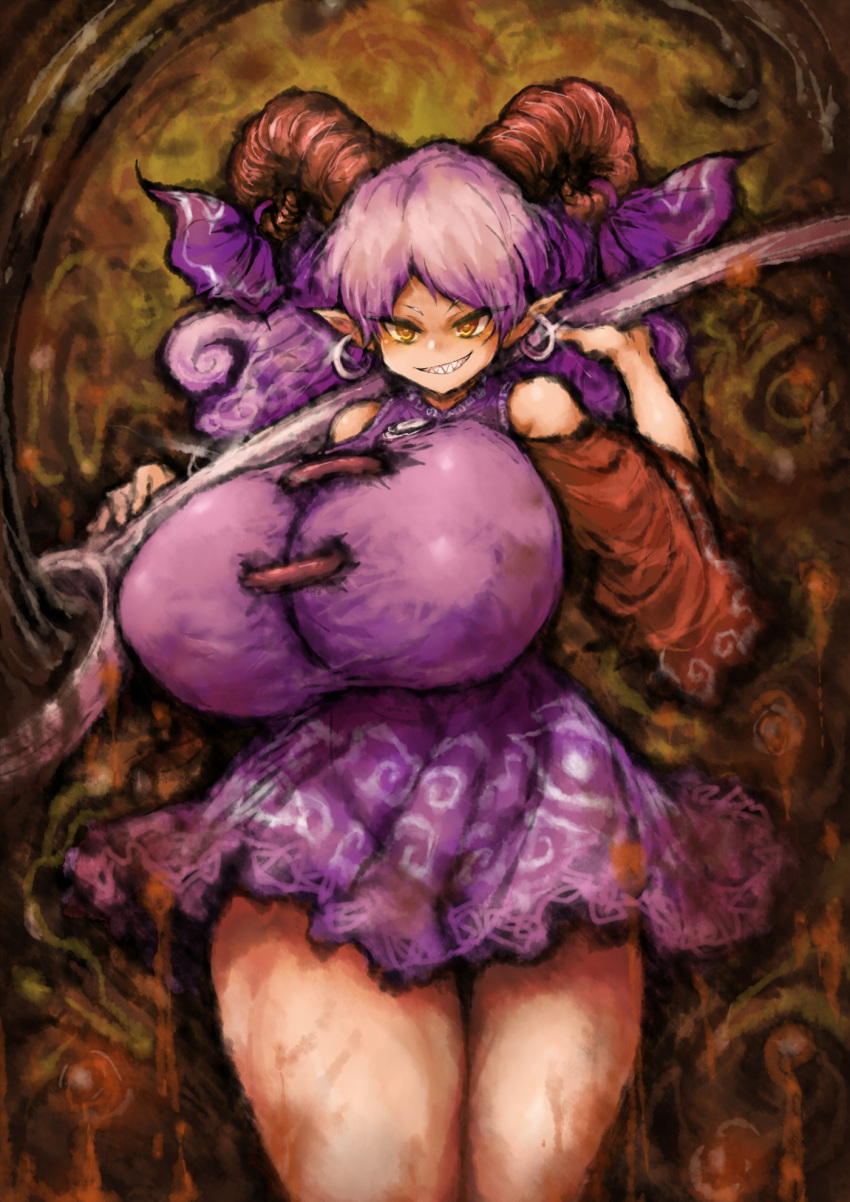 2b-ge animal_humanoid armwear big_breasts bovid bovid_humanoid breasts caprine caprine_humanoid clothed clothing curled_hair cutlery detached_sleeves digital_media_(artwork) dress ear_piercing ear_ring female goat_humanoid hair hi_res horizontal_pupils horn huge_breasts humanoid humanoid_pointy_ears kitchen_utensils light_body light_skin looking_at_viewer mammal mammal_humanoid piercing pupils purple_clothing purple_dress sharp_teeth solo spoon teeth thick_thighs tools touhou toutetsu_yuuma video_games white_hair yellow_eyes