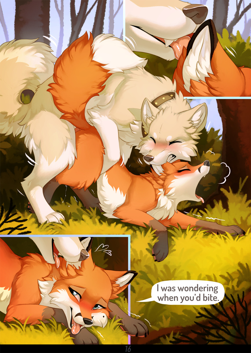 bite black_nose blush canid canine canis clenched_teeth collar comic dialogue doggystyle domestic_dog duo ear_bite english_text eyes_closed female female_penetrated feral feral_on_feral feral_penetrated feral_penetrating feral_penetrating_feral fox from_behind_position fur hi_res hioshiru licking looking_pleasured male male/female male_penetrating male_penetrating_female mammal open_mouth orange_body orange_fur outside penetration sex tan_body tan_fur teeth text tongue tongue_out vaginal vaginal_penetration