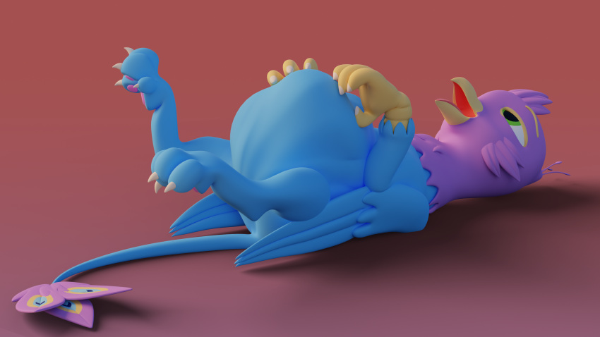 16:9 3d_(artwork) abdominal_bulge absurd_res ambiguous_gender ambiguous_prey avian beak bird bird_feet blue_body digital_media_(artwork) feathered_crest feathered_wings feathers feral feral_pred galliform green_eyes gryphon gyro_feather head_crest hi_res lying male male_pred mythological_avian mythology on_back open_mouth paws peafowl percy_technic phasianid pink_body quadruped same_size_vore tail_tuft tuft vore widescreen wings