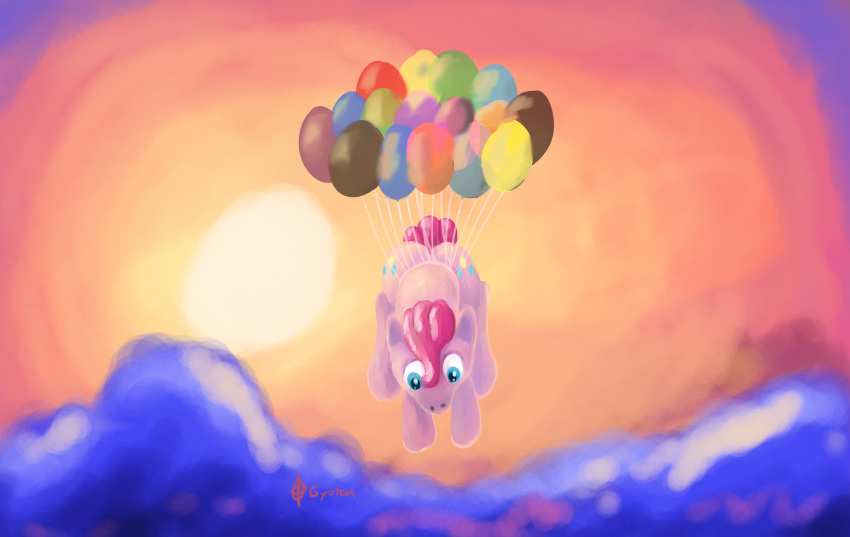 balloon blue_eyes cloud cutie_mark earth_pony equid equine female feral floating friendship_is_magic gyrotech hair hasbro hi_res hooves horse inflatable mammal my_little_pony pink_body pink_hair pinkie_pie_(mlp) pony solo sunset