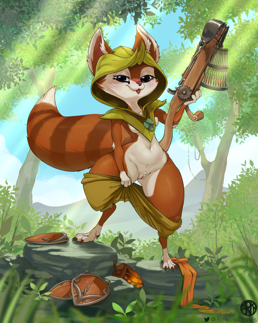 4:5 anthro breasts clothed clothing crossbow detailed_background dota female forest fur genitals hi_res holding_object holding_weapon hoodwink_(dota) kokoni mammal outside pants_down partially_clothed plant pussy ranged_weapon rodent sciurid solo tree tree_squirrel video_games weapon