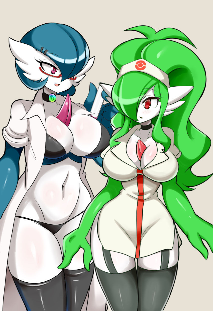 absurd_res accessory anthro big_breasts bra breasts choker clothing coat doctor dr._voir duo eyewear female female/female gardevoir glasses headband hi_res humanoid jewelry lab_coat laboratory_equipment laboratory_glassware legwear lucyfercomic necklace nintendo nurse panties pok&eacute;mon pok&eacute;mon_(species) scientific_instrument shiny_pok&eacute;mon test_tube thigh_highs topwear underwear video_games