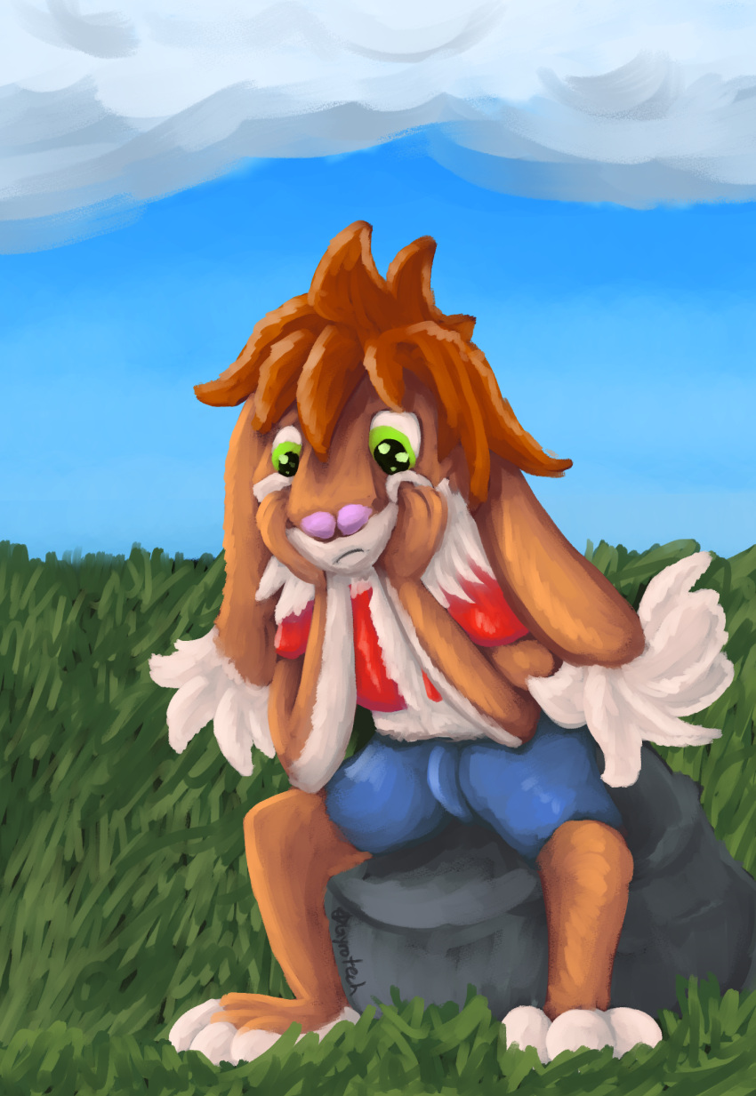 ambiguous_gender anthro bottomwear brown_body brown_hair clothing grass gyrotech hair hi_res lagomorph leaning_on_hands leporid mammal paws plant rabbit shirt shorts sitting solo topwear