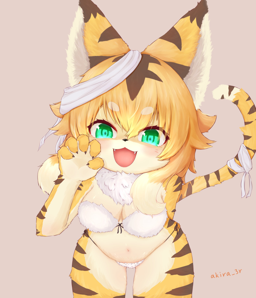2021 5_fingers absurd_res akira_3r alternate_version_at_source anthro bandage blonde_hair blush breasts brown_body brown_fur brown_hair claws cleavage clothed clothing cute_fangs felid female finger_claws fingers fluffy fur green_eyes hair hi_res kemono looking_at_viewer mammal mia_(world_flipper) multicolored_body multicolored_fur multicolored_hair multicolored_tail neck_tuft open_mouth pantherine signature solo tiger tongue tuft white_body white_fur white_hair world_flipper yellow_body yellow_fur