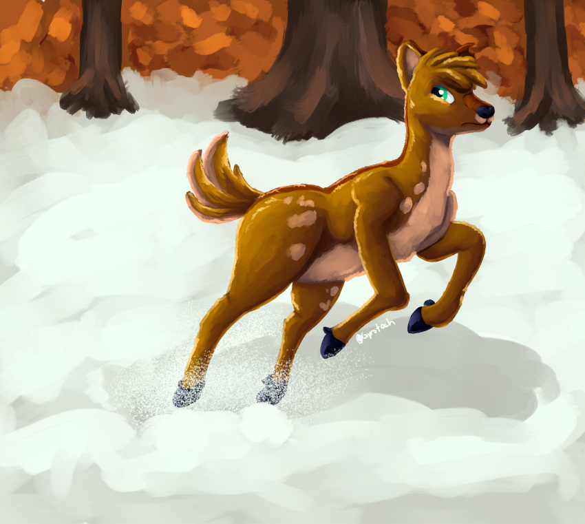 absurd_res ambiguous_gender brown_body brown_markings cervid cloven_hooves feral forest green_eyes gyrotech hi_res hooves jumping mammal markings plant pronking quadruped snow solo tan_body tree