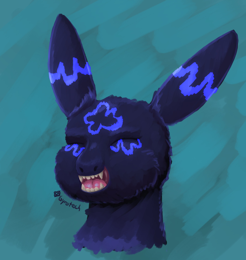 ambiguous_gender blue_markings eeveelution eyes_closed feral grey_body gyrotech hi_res markings nintendo open_mouth pok&eacute;mon pok&eacute;mon_(species) portrait sharp_teeth simple_background solo teeth tongue umbreon video_games