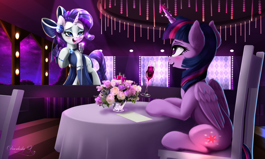 2021 5:3 candle clothing cutie_mark darksly-z detailed_background digital_media_(artwork) duo equid equine eyebrows eyelashes female feral flower friendship_is_magic hasbro hi_res horn inside jewelry mammal my_little_pony open_mouth plant rarity_(mlp) sitting twilight_sparkle_(mlp) unicorn winged_unicorn wings