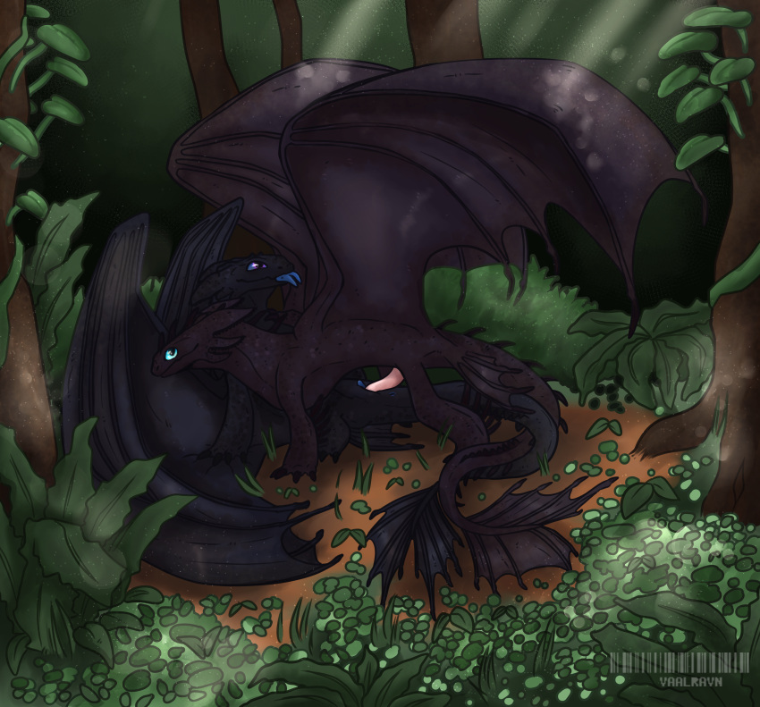 2021 absurd_res digital_media_(artwork) dragon dreamworks duo feral forest frottage hi_res how_to_train_your_dragon male male/male night_fury plant public scalie sex shaded slit slit_penetration slit_play slit_sex tree vaalravn western_dragon