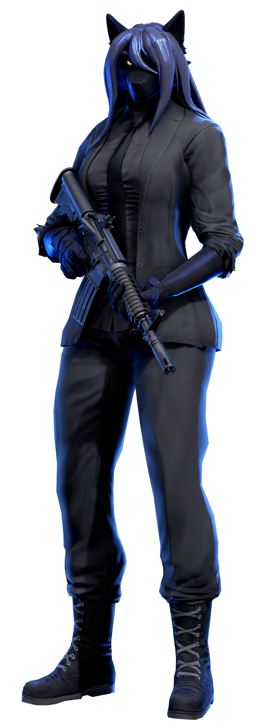 3d_(artwork) absurd_res alpha_channel anthro assault_rifle athletic blue_hair canid canine canis clothing dark_body dark_skin digital_media_(artwork) fan_character female gun hair hi_res lexas_(ludexus) ludexus m4a1 mammal ranged_weapon rifle solo source_filmmaker suit tactical_gloves weapon wolf yellow_eyes