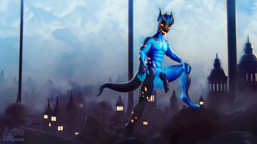 16:9 3d_(artwork) 5_fingers abs animal_genitalia animal_penis anthro arta balls big_balls blender_(software) blue_body canine_penis city city_background cityscape cloudscape daemon_(species) digital_media_(artwork) fingers fog genitals glowing glowing_eyes hi_res ink male muscular muscular_anthro muscular_male nude open_mouth pecs penis prana_(character) shaded_signature sky solo tongue tongue_out widescreen