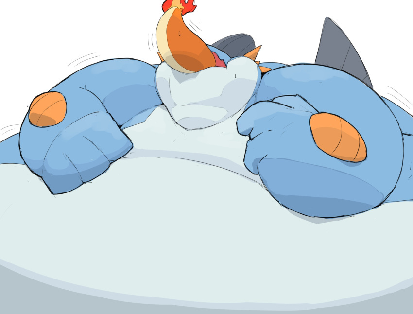 amphibian anthro belly blue_body blue_skin charizard feral fin hi_res male morbidly_obese morbidly_obese_feral morbidly_obese_male nintendo obese obese_feral obese_male overweight overweight_feral overweight_male pok&eacute;mon pok&eacute;mon_(species) simple_background solo swallowing swampert video_games vore weight_gain white_belly white_body white_skin zephy_03