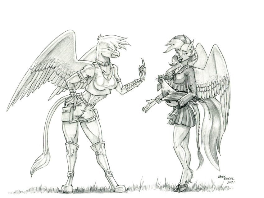 2021 4:3 ambiguous_gender anthro armband avian baron_engel beak bottomwear bracelet breasts clothing cockatrice collar duo european_mythology eyebrows feathered_wings feathers female friendship_is_magic gilda_(mlp) graphite_(artwork) greek_mythology greyscale gryphon hand_on_hip hasbro hippogriff hooves jewelry midriff monochrome my_little_pony mythological_avian mythology navel open_beak open_mouth pencil_(artwork) scalie school_uniform sculpture shirt silverstream_(mlp) skirt spiked_armband spiked_bracelet spiked_collar spikes statue tank_top topwear traditional_media_(artwork) uniform wings