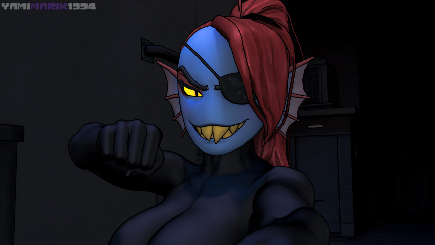 16:9 2019 3d_(artwork) 4k absurd_res animal_humanoid anthro artist_name big_breasts blue_body blue_scales bodysuit breasts cel_shading clothing detailed_background digital_media_(artwork) eye_patch eyewear female fin fingers fish fish_humanoid fist hair hi_res humanoid inside looking_at_viewer marine marine_humanoid ponytail pupils red_hair scales shaded sharp_teeth skinsuit slit_pupils smile solo source_filmmaker teeth tight_clothing undertale undertale_(series) undyne video_games widescreen yamimarik1994 yellow_sclera