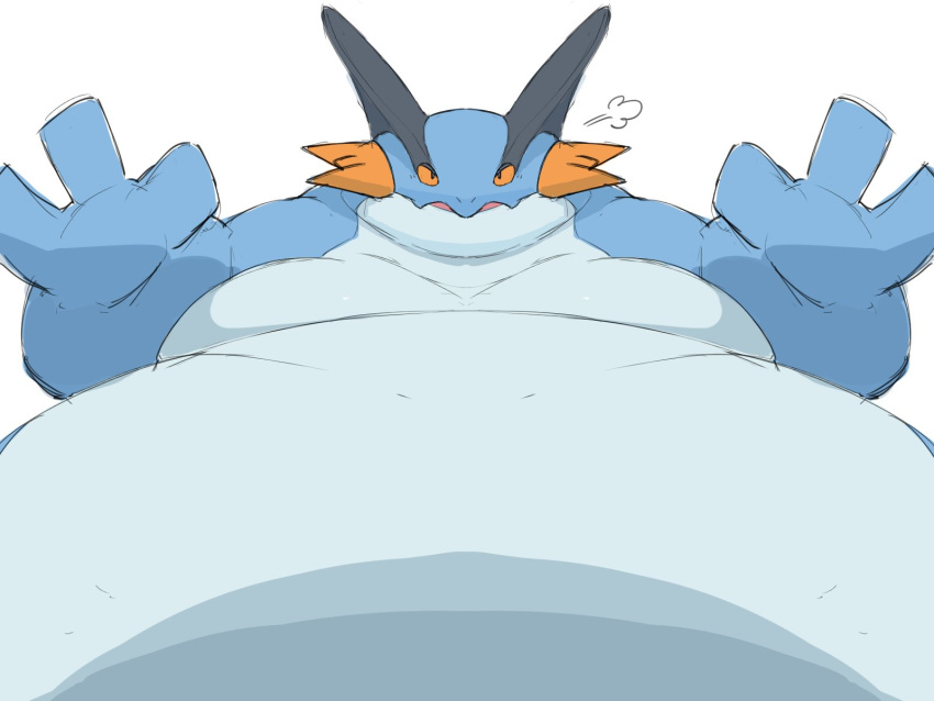 4:3 amphibian anthro belly blue_body blue_skin feral fin hi_res male morbidly_obese morbidly_obese_feral morbidly_obese_male nintendo obese obese_feral obese_male overweight overweight_feral overweight_male pok&eacute;mon pok&eacute;mon_(species) simple_background solo swampert video_games weight_gain white_belly white_body white_skin zephy_03