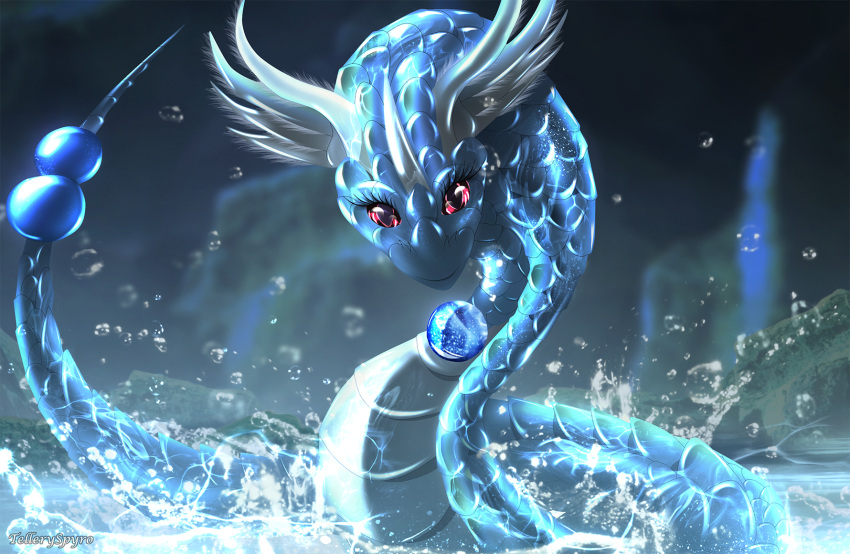 2021 blue_body blue_scales digital_media_(artwork) dragonair eyelashes female feral hi_res looking_at_viewer night nintendo pink_eyes pok&eacute;mon pok&eacute;mon_(species) scales serpentine smile solo telleryspyro video_games water