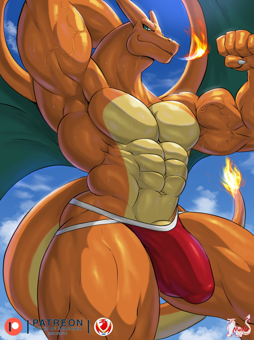abs absurd_res anthro big_bulge big_muscles bulge charizard clothed clothing fire flaming_tail flexing genital_outline genitals green_eyes hi_res huge_bulge huge_muscles huge_thighs jockstrap male masterelrest muscular muscular_anthro muscular_male muscular_thighs nintendo orange_body pecs penis penis_base penis_outline pok&eacute;mon pok&eacute;mon_(species) solo thick_thighs topless underwear vein video_games wings