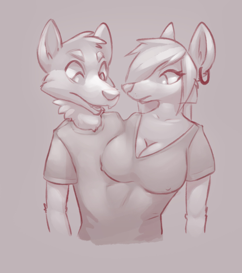 2_heads aerosouthpaws anthro breasts canid canine canis cleavage clothed clothing conjoined duo ear_piercing female hi_res male male/female mammal merging multi_head multifur nipples nipples_through_clothes open_mouth piercing simple_background wolf