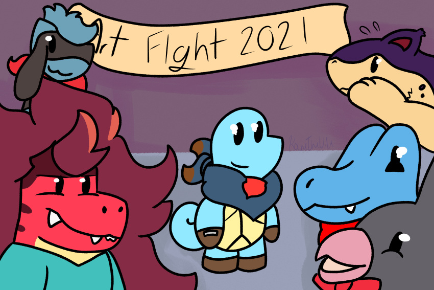 3:2 banner blitz_(gyro) blue_eyes chatot countershading fan_character feral group hi_res kanethedile lucario male markings mottled mottled_body nintendo paws pok&eacute;mon pok&eacute;mon_(species) purple_body quadruped quilava red_markings squirtle tan_body totodile video_games