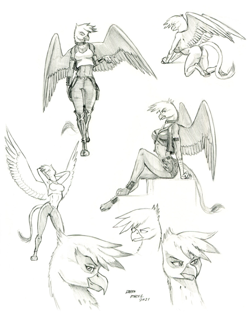anthro avian baron_engel beak bikini boots bottomwear breasts butt clothing collar eyebrows eyelashes feathered_wings feathers female footwear friendship_is_magic gilda_(mlp) graphite_(artwork) greyscale gryphon hands_behind_head hi_res kneeling looking_at_viewer midriff monochrome my_little_pony mythological_avian mythology navel pants pencil_(artwork) shirt shorts sitting sketch solo spread_wings swimwear tail_tuft tank_top topwear traditional_media_(artwork) tuft vest wings