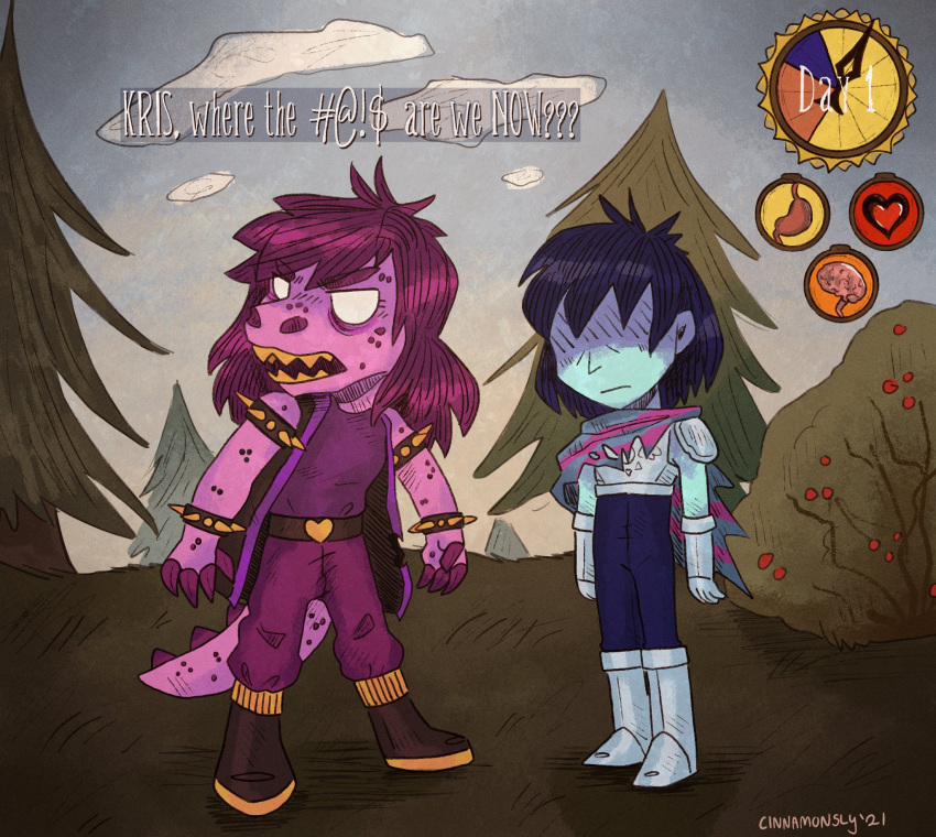 2021 anthro armband armor bracelet cinnamonsly clothed clothing deltarune detailed_background dialogue dinosaur don't_starve duo english_text female gloves handwear hi_res human humor jewelry klei_entertainment kris_(deltarune) kris_where_are_we male mammal meme outside parody purple_body reptile scalie sharp_teeth signature sky spiked_armband spiked_bracelet spikes style_parody susie_(deltarune) teeth text undertale_(series) video_games white_eyes