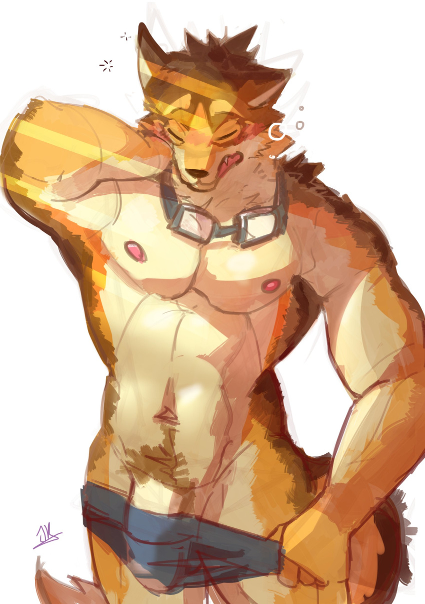 abs absurd_res anthro barrel_(live-a-hero) canid canine canis clothing eyewear flaccid genitals goggles hi_res kemono_private lifewonders live-a-hero male mammal muscular muscular_anthro muscular_arms muscular_male navel nipples pecs penis pubes solo tired undressing video_games wolf