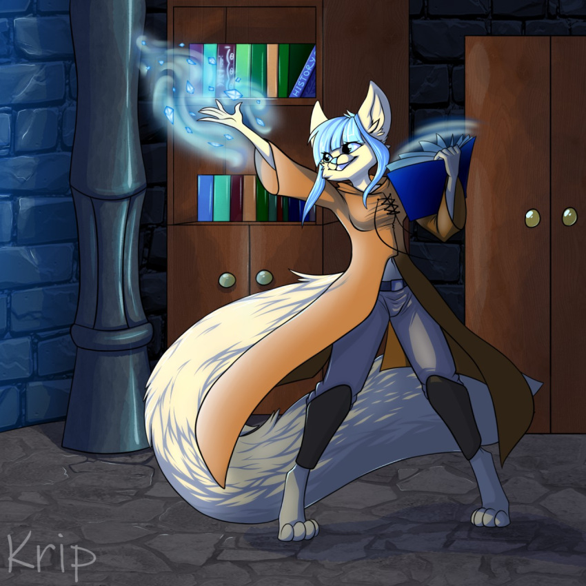 1:1 anthro blue_hair blue_nose book breasts canid canine clothed clothing female fennec fluffy fluffy_tail fox fur hair hi_res inside kripperok long_tail magic mammal midriff navel smile solo tan_body tan_fur