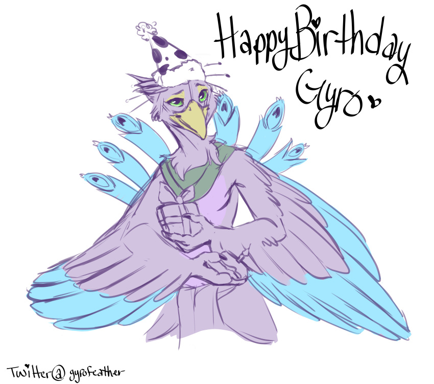 absurd_res anthro avian beak biped bird birthday_hat blue_body clothing feathered_crest feathered_wings feathers galliform gift green_eyes gyro_feather head_crest hi_res male peafowl phasianid pink_body scarf solo tail_feathers terryburrs winged_arms wings