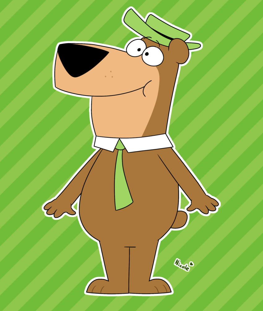 anthro big_nose black_eyes black_nose bow_tie brown_body clothing green_background hanna-barbera hat headgear headwear hi_res jellystone_(hbo_max) male mammal nikkiandwendywolfie simple_background small_tail solo standing tan_body ursid yogi_bear yogi_bear_(character)