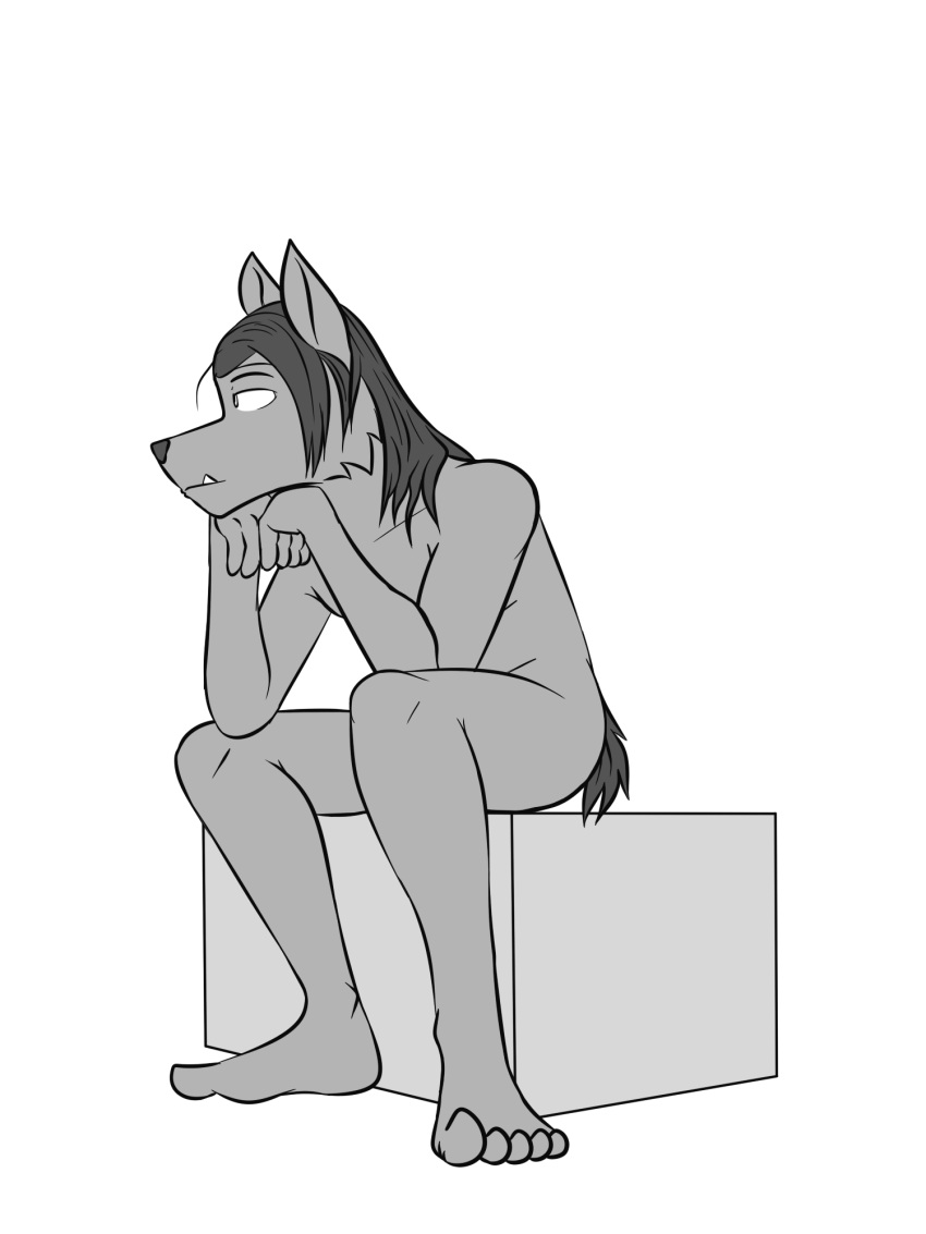 3:4 anthro canid canine canis fuze grey_body hair hi_res long_hair male mammal monochrome nude pose simple_background sitting solo thinker_pose white_background wolf