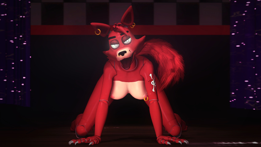 16:9 3d_(artwork) absurd_res all_fours alternate_form animatronic anthro big_breasts breasts canid canine claws crossgender digital_media_(artwork) ear_piercing erect_nipples facial_piercing falko3458 female finger_claws fingers five_nights_at_freddy's fox foxy_(fnaf) fur glowing glowing_eyes hair hi_res long_legs looking_at_viewer machine mammal mtf_crossgender nipple_piercing nipples nose_piercing nude open_mouth piercing red_body red_fur red_hair red_tail robot slim solo source_filmmaker stage tattoo tongue tongue_out video_games widescreen