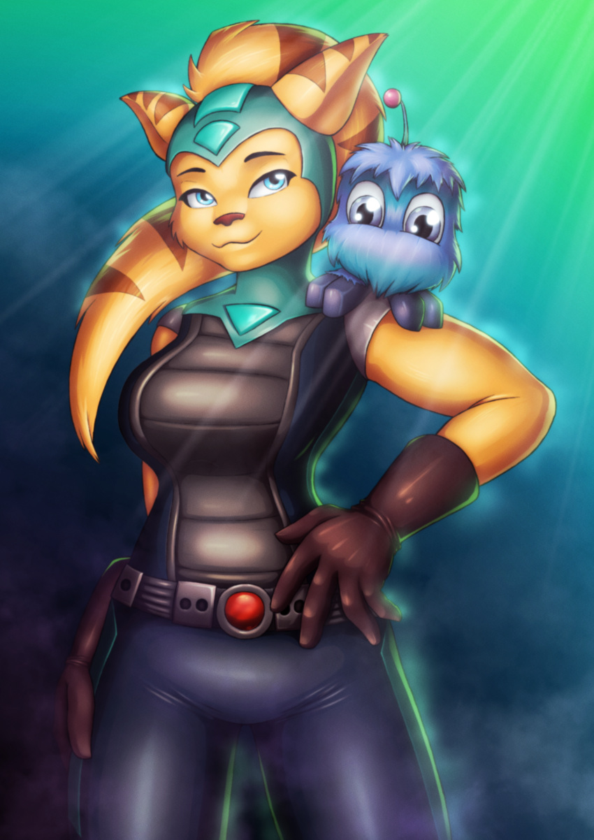 2021 absurd_res ambiguous_gender angela_cross anthro belt blue_eyes bottomwear breasts clothing duo eyebrows female fur glistening gloves hand_on_hip handwear hi_res lazy-a-ile lombax looking_at_viewer mammal pants protopet ratchet_and_clank smile smiling_at_viewer sony_corporation sony_interactive_entertainment stripes video_games yellow_body yellow_fur