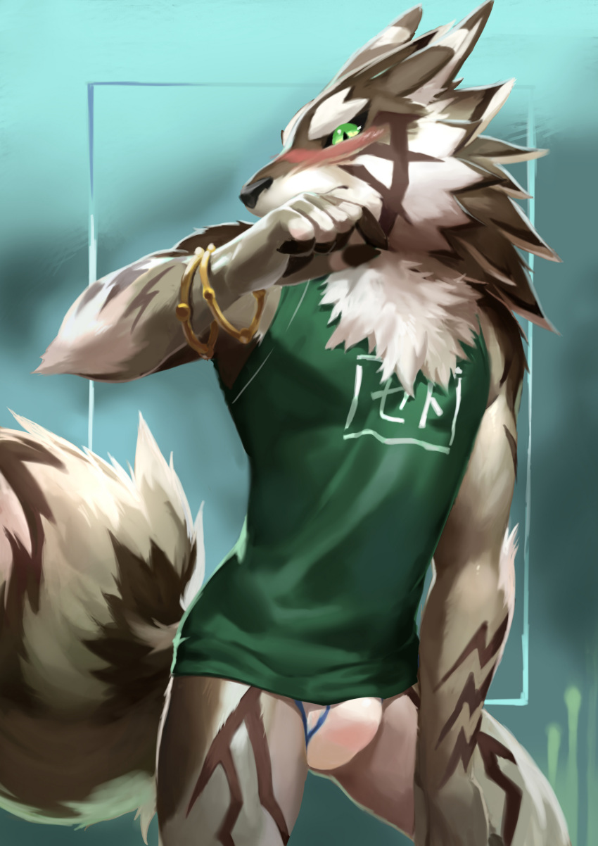 2021 abs absurd_res anthro blush bracelet bulge canid canine canis claws clothing digital_media_(artwork) embarrassed finger_claws fluffy fluffy_tail fur green_eyes hair hi_res jackal jewelry lifewonders male mammal markings muscular muscular_anthro muscular_male navel reveal seth_(tas) shaded shirt solo spiky_hair t.y.stars tokyo_afterschool_summoners topwear tuft underwear video_games