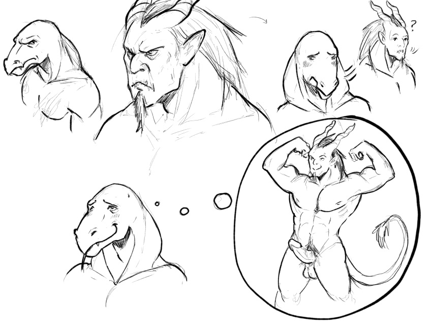 ? abs anthro balls beard biceps blush comic daydream duo erection facial_hair fangs flexing genitals glans glare hair hi_res horn horned_humanoid humanoid humanoid_genitalia humanoid_penis line_art male male/male monochrome monty_(thehades) muscular muscular_humanoid muscular_male nipples nude penis pubes python_(thehades) reptile scalie smile snake thehades