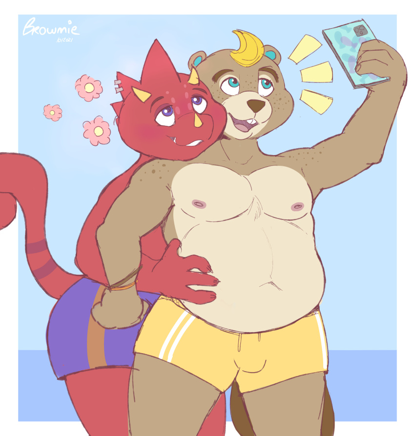 absurd_res animal_crossing anthro beach beaver brownieclop buckteeth c.j._(animal_crossing) cellphone chameleon clothed clothing digital_media_(artwork) duo embrace flick_(animal_crossing) hi_res horn hug jewelry lizard male male/male mammal nintendo nipples open_mouth outside phone red_body reptile rodent scalie seaside selfie simple_background smile swimwear teeth video_games