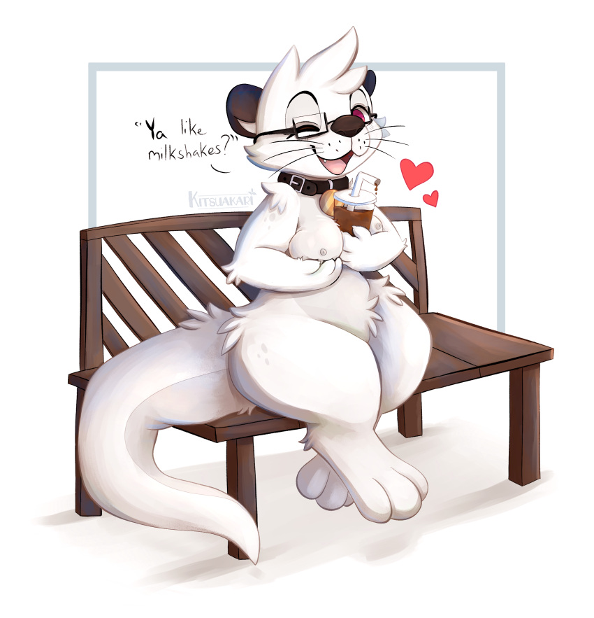 &lt;3 absurd_res anthro bench beverage breasts coffee collar container cup dialogue female hi_res holding_breast kitsuakari looking_at_viewer lutrine mammal multicolored_body mustelid nashi_(kitsuakari) nipples one_eye_closed open_mouth sitting solo straw two_tone_body whiskers wink