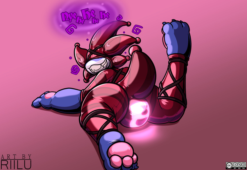 2021 3_toes anthro blue_body bodysuit bulge claws clothed clothing countershade_face countershading digital_drawing_(artwork) digital_media_(artwork) english_text feet glistening gradient_background hindpaw jester laugh lock_bulge male markings null_bulge padlock_symbol pawpads paws pink_pawpads possession riilu riilu_(character) rubber scalie sharp_teeth simple_background skinsuit spiral teeth text tight_clothing toe_claws toes watermark