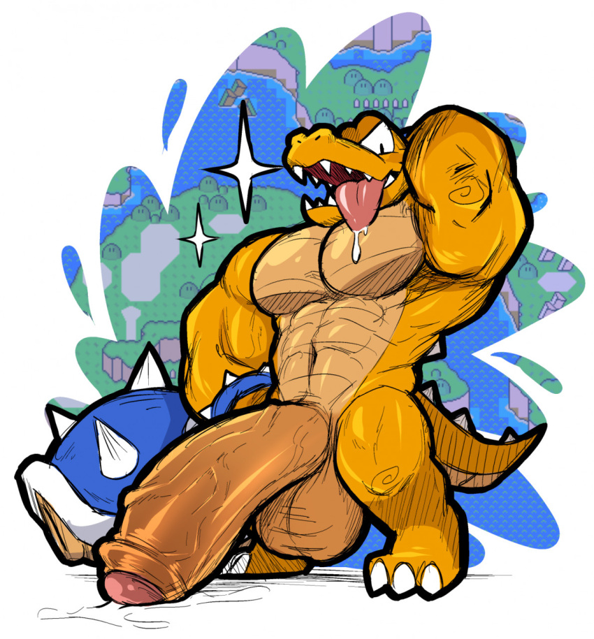 abs anthro balls beta_koopa big_penis bodily_fluids collar crocodilian fangs flexing genital_fluids genitals hexdisciple hi_res huge_penis humanoid_genitalia humanoid_penis hybrid hyper hyper_genitalia hyper_penis koopa koopa_troopa male mario_bros muscular muscular_male nintendo pecs penis precum reptile scalie screencap screencap_background shell smile solo spiked_collar spiked_shell spikes spikes_(anatomy) super_mario_world tongue tongue_out video_games