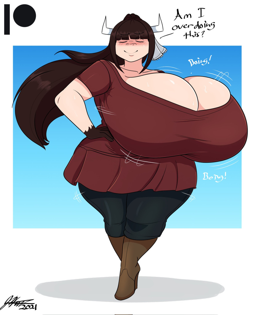 2021 anthro big_breasts blush boots bouncing_breasts bovid bovine breast_jiggle breasts butt cattle cleavage clothed clothing eyes_closed female footwear hair hi_res huge_breasts hyper hyper_breasts jwinkz long_hair mammal seductive shaking_butt short_stack smile solo swaying violet_(jwinkz) wide_hips