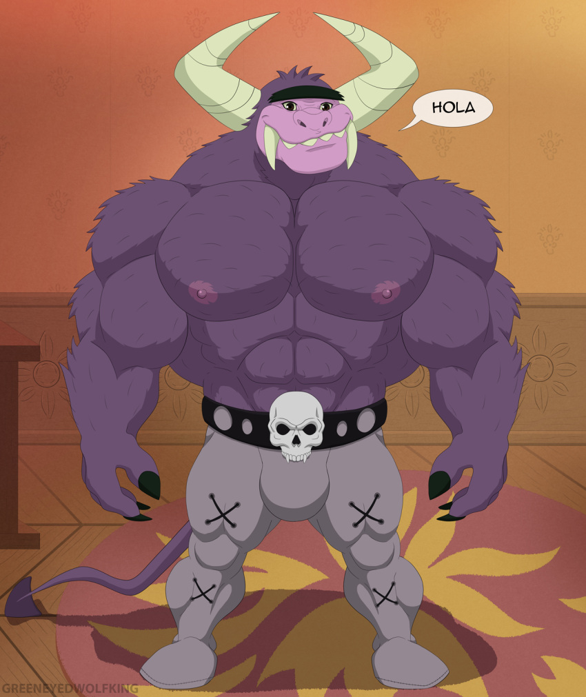 abs belt biceps bone bottomwear bovid bovine bulge cartoon_network claws clothed clothing eduardo eyebrows fangs foster's_home_for_imaginary_friends fur greeneyedwolfking hi_res horn imaginary_friend male mammal monster muscular nipples pants pecs purple_body purple_fur skull smile solo spanish_text text topless translated unibrow