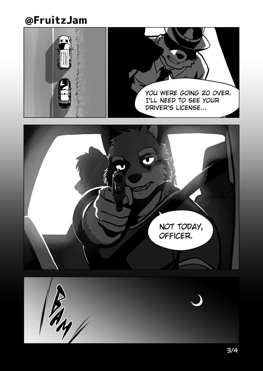 anthro bad_end canid canine canis car chase_hunter clothing dialogue echo_(game) echo_(series) echo_project empty_eyes english_text fruitz gun hi_res holding_object holding_weapon inside_car leo_alvarez looking_at_viewer lutrine male mammal monochrome mustelid police police_officer police_uniform ranged_weapon text uniform vehicle video_games visual_novel weapon wolf yandere