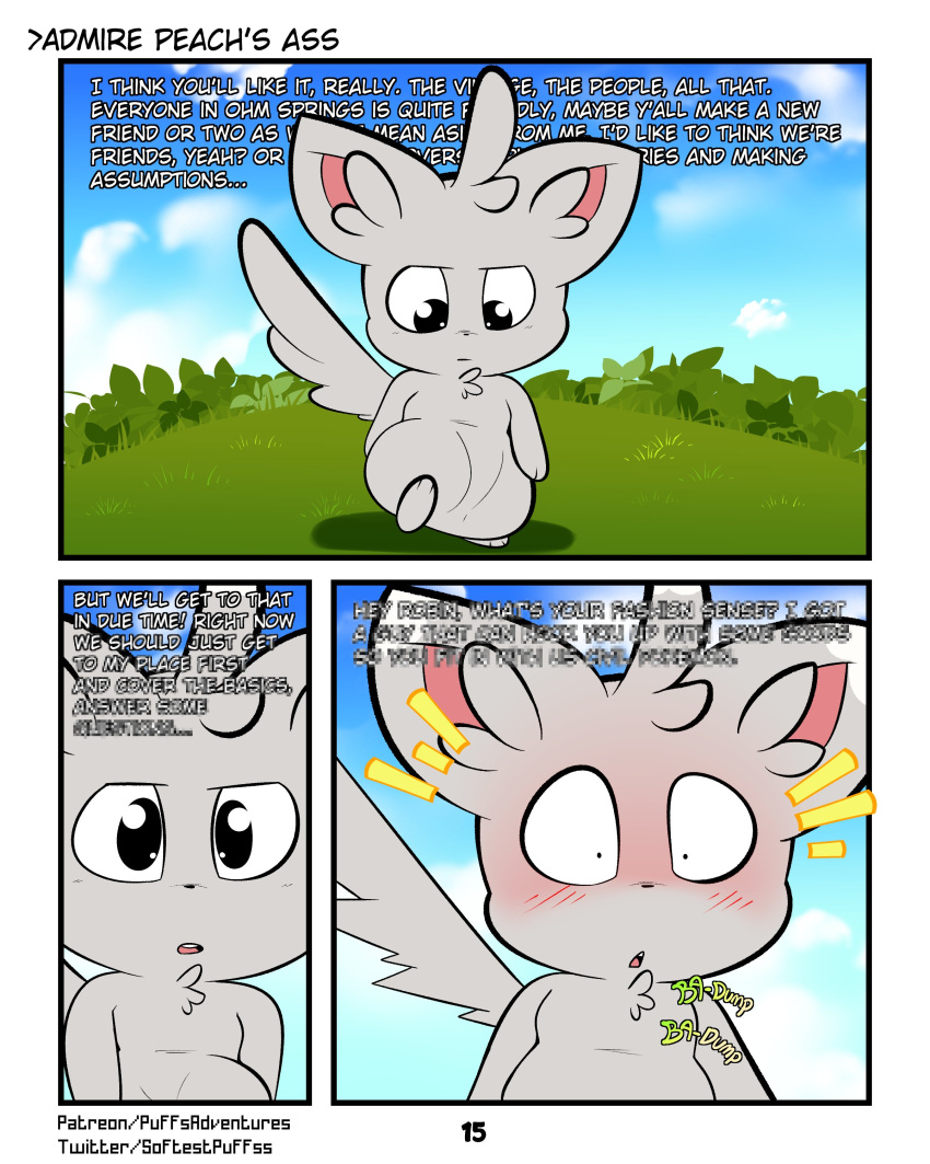 4:5 absurd_res anthro blush comic dialogue english_text forest forest_background fur grass grey_body grey_fur hi_res male minccino nature nature_background nintendo paws plant pok&eacute;mon pok&eacute;mon_(species) pok&eacute;mon_mystery_dungeon robin_(rodent_powered) rodent_powered_(softestpuffss) semi-anthro slight_blush softestpuffss solo text tree video_games wide_eyed