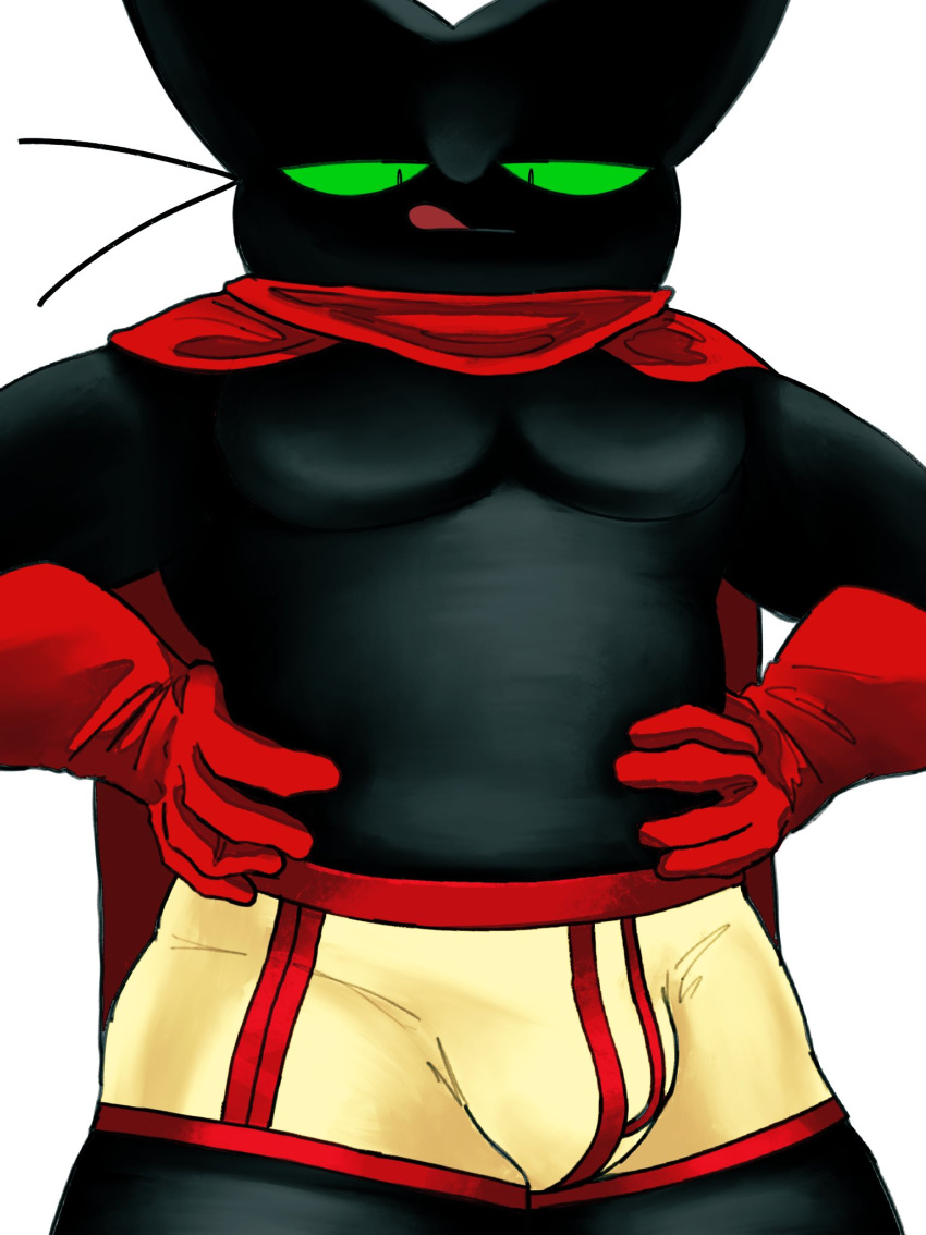 anthro black_body black_fur bulge cape cartoon_network clothing domestic_cat felid feline felis fur gloves green_eyes handwear hi_res licking licking_lips looking_down male mammal mao_mao:_heroes_of_pure_heart mymu666 red_clothing sheriff_mao_mao_mao solo tongue tongue_out underwear