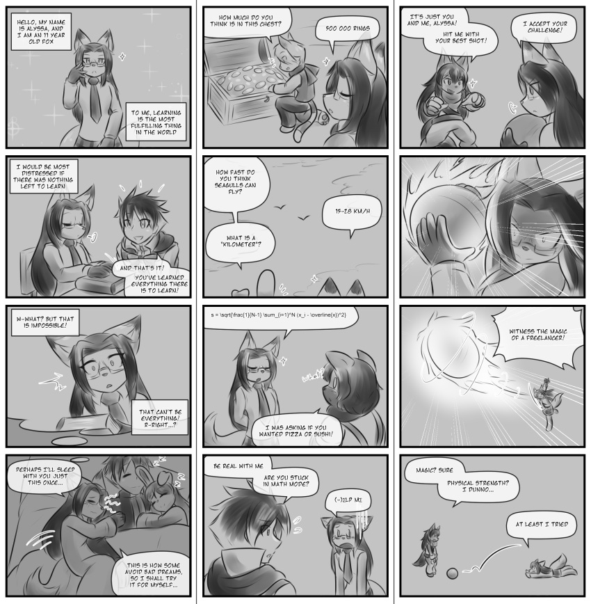 4koma alyssa_(tetsushi) ambiguous_gender anthro avian ball beltrax_kagayaki bird canid canine canis comic dipstick_tail domestic_cat domestic_dog dream duo elm_(tetsushi) english_text eyewear felid feline felis female feral fire fox glasses greeting greyscale group hair heather_(tetsushi) hi_res human lagomorph leporid lily_(tetsushi) male mammal markings monochrome rabbit reed_(tetsushi) sleeping solo tail_markings tetsushi text thought_bubble treasure_chest wolf young