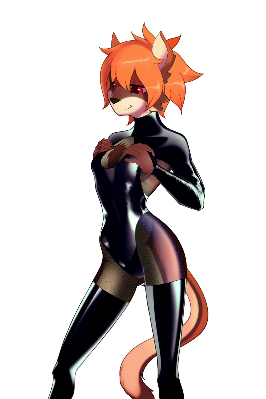 2021 2:3 5_fingers absurd_res anthro black_nose breasts brown_body brown_fur clothed clothing digital_media_(artwork) domestic_cat felid feline felis female fingers fur hair hi_res mammal orange_hair red_eyes rublegun simple_background smile solo white_background