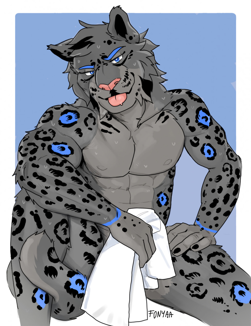 abs absurd_res anthro blep bodily_fluids cooper_(emptysync) felid fonyaa hi_res male mammal muscular pantherine pecs snow_leopard solo sweat tongue tongue_out towel